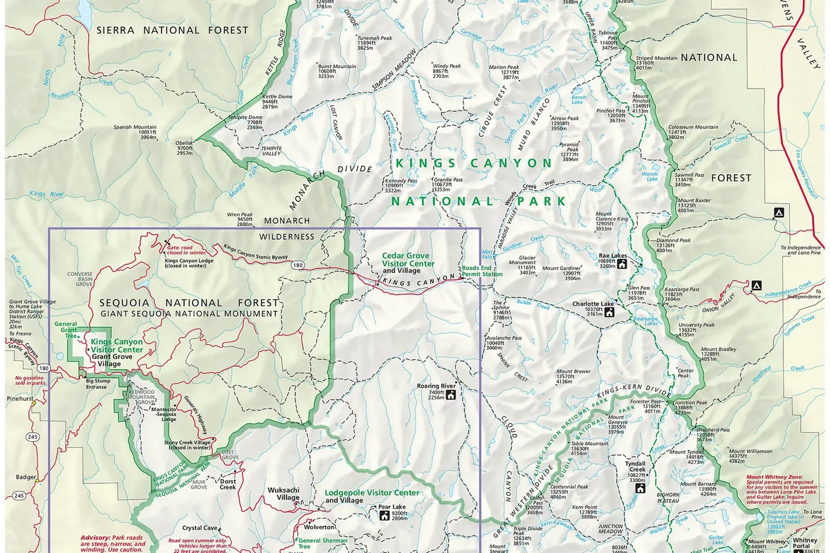 Map of roads and hiking districts in Sequoia National Park - Sequoia National Park | KnowOutdoor
