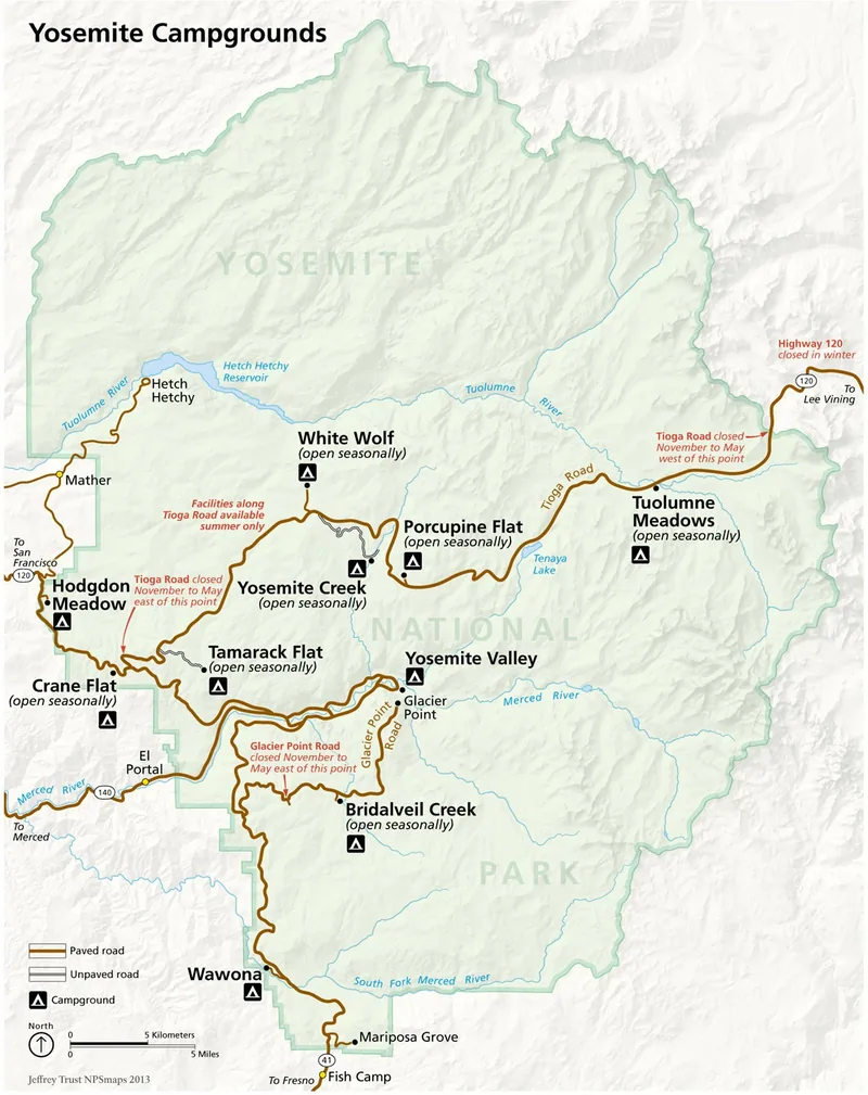 Official map locating Yosemite campgrounds across the Valley, Tioga Road, Wawona, and Hetch Hetchy corridors - Yosemite National Park | KnowOutdoor