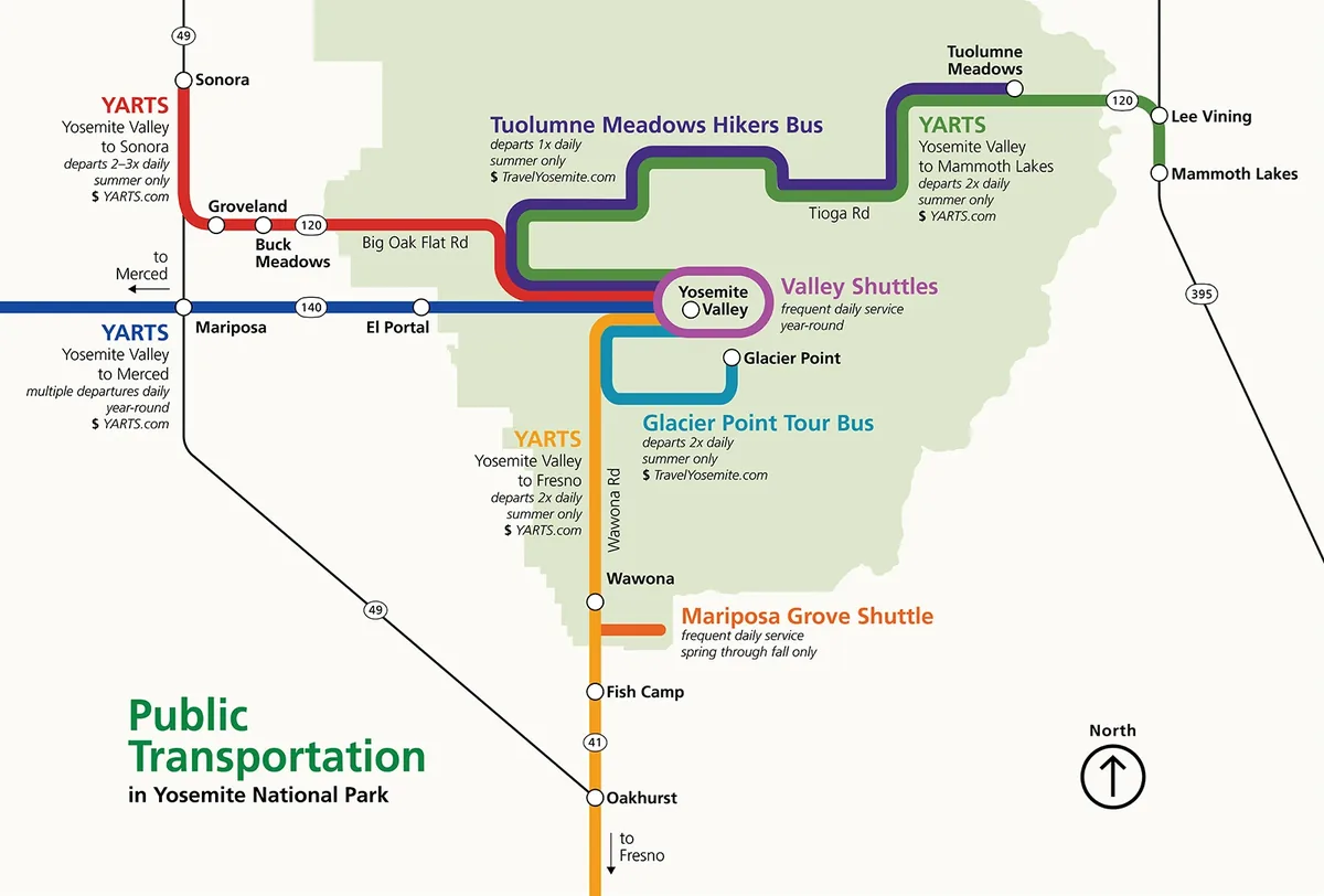 Official map showing Yosemite Valley, Wawona, Hetch Hetchy, Glacier Point Road, and the Tioga Road high country - Yosemite National Park | KnowOutdoor