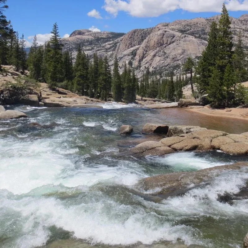 Fast Tuolumne River current moving around granite boulders in Yosemite high country - Yosemite National Park | KnowOutdoor