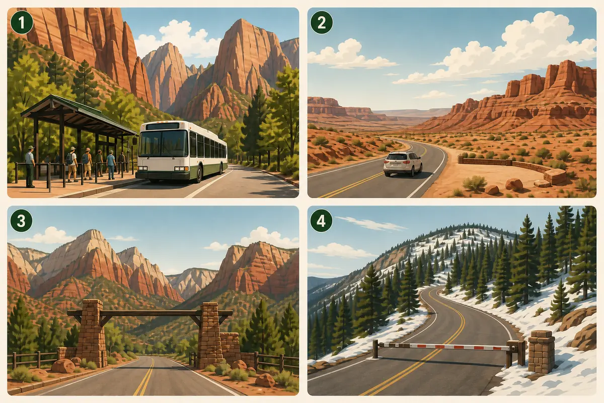 Field-guide illustration comparing Zion Canyon shuttle access, east-side private-vehicle access, the Kolob Canyons entrance, and the Kolob Terrace mountain road - Zion National Park | KnowOutdoor