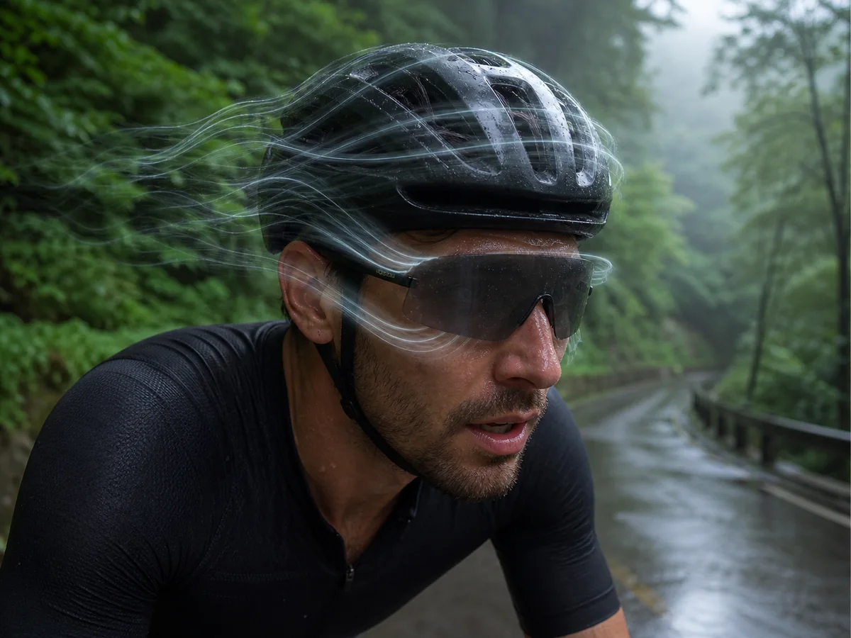 Air moving above and below generic rimless shield sunglasses during a slow climb - sports eyewear ventilation | KnowOutdoor