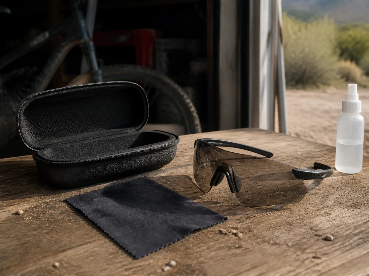 Generic rimless shield sunglasses beside a rigid case, rinse bottle, and microfiber cloth - safe cleaning and storage | KnowOutdoor