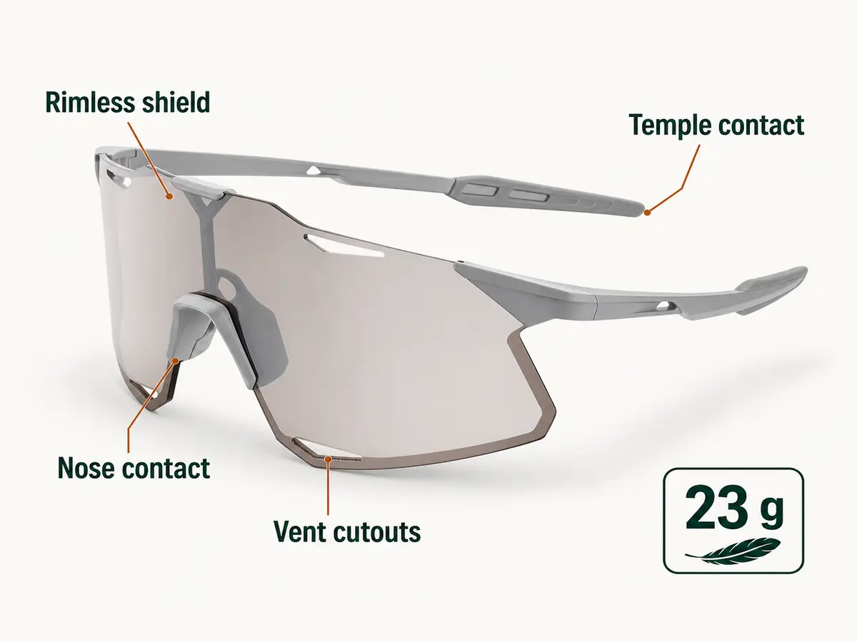 Technical diagram of an unbranded rimless sports shield labeling its 23 gram published weight, rimless lens, vents, nose contact and temple contact - Hypercraft construction | KnowOutdoor