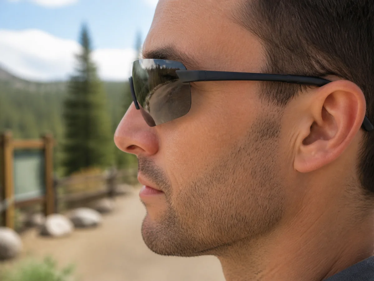 Side view of generic rimless sports sunglasses showing contact at the nose and temples - eyewear fit points | KnowOutdoor