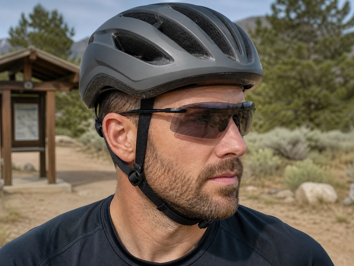 Three-quarter view of generic rimless sunglasses fitting below a cycling helmet retention system - helmet eyewear interface | KnowOutdoor