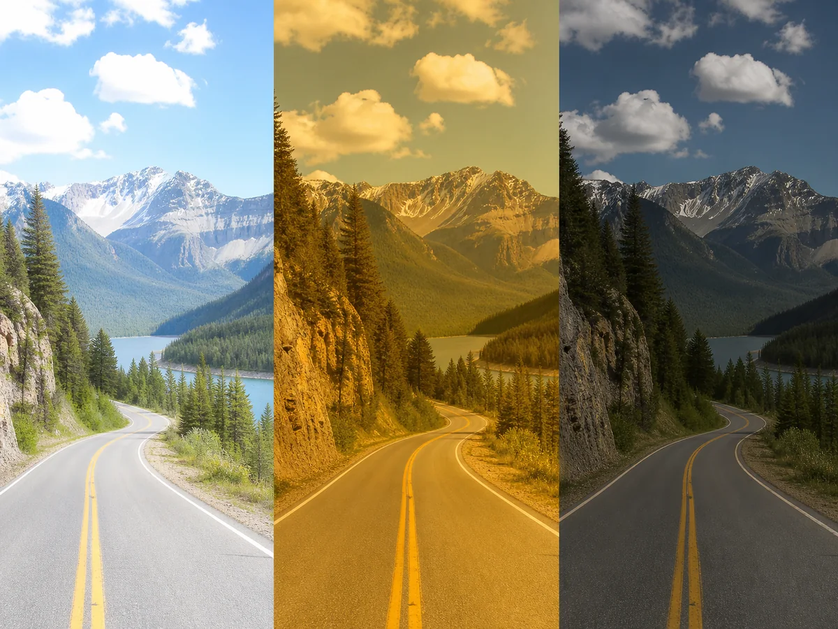 One road scene viewed through clear, contrast, and dark generic sports lenses - choosing lens transmission | KnowOutdoor