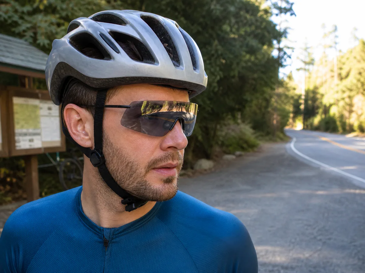 Cyclist wearing generic rimless shield sunglasses and a vented helmet on an open road - ultralight eyewear use context | KnowOutdoor