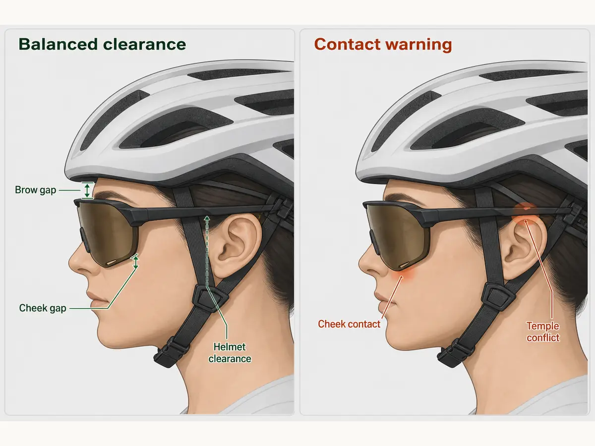 Two-panel technical diagram showing balanced brow, cheek and helmet clearance beside cheek contact and temple conflict - S2 fit check | KnowOutdoor