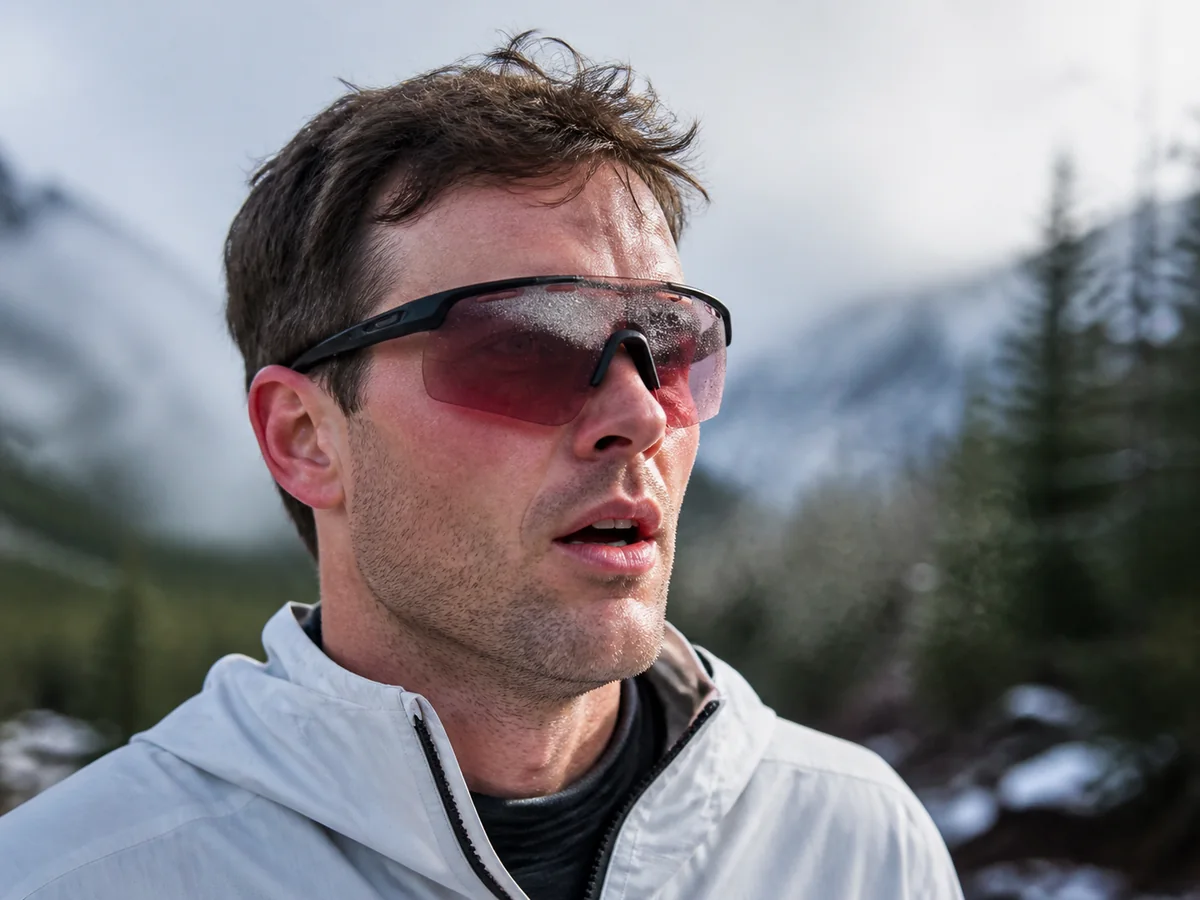 Airflow and moisture zones around generic vented shield sunglasses during a slow climb - fog management | KnowOutdoor