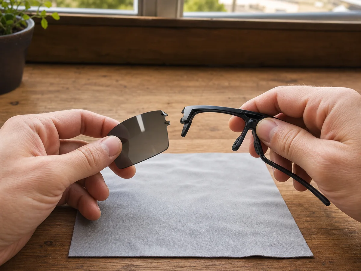Hands changing a generic semi-rimless sports sunglass lens over a clean microfiber cloth - safe lens handling | KnowOutdoor