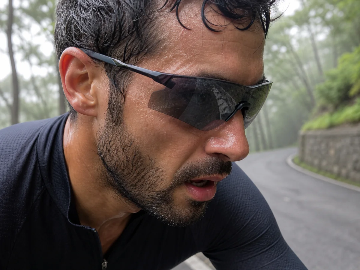 Close view of generic sports sunglasses contacting the nose and temples during a sweaty climb - eyewear retention | KnowOutdoor