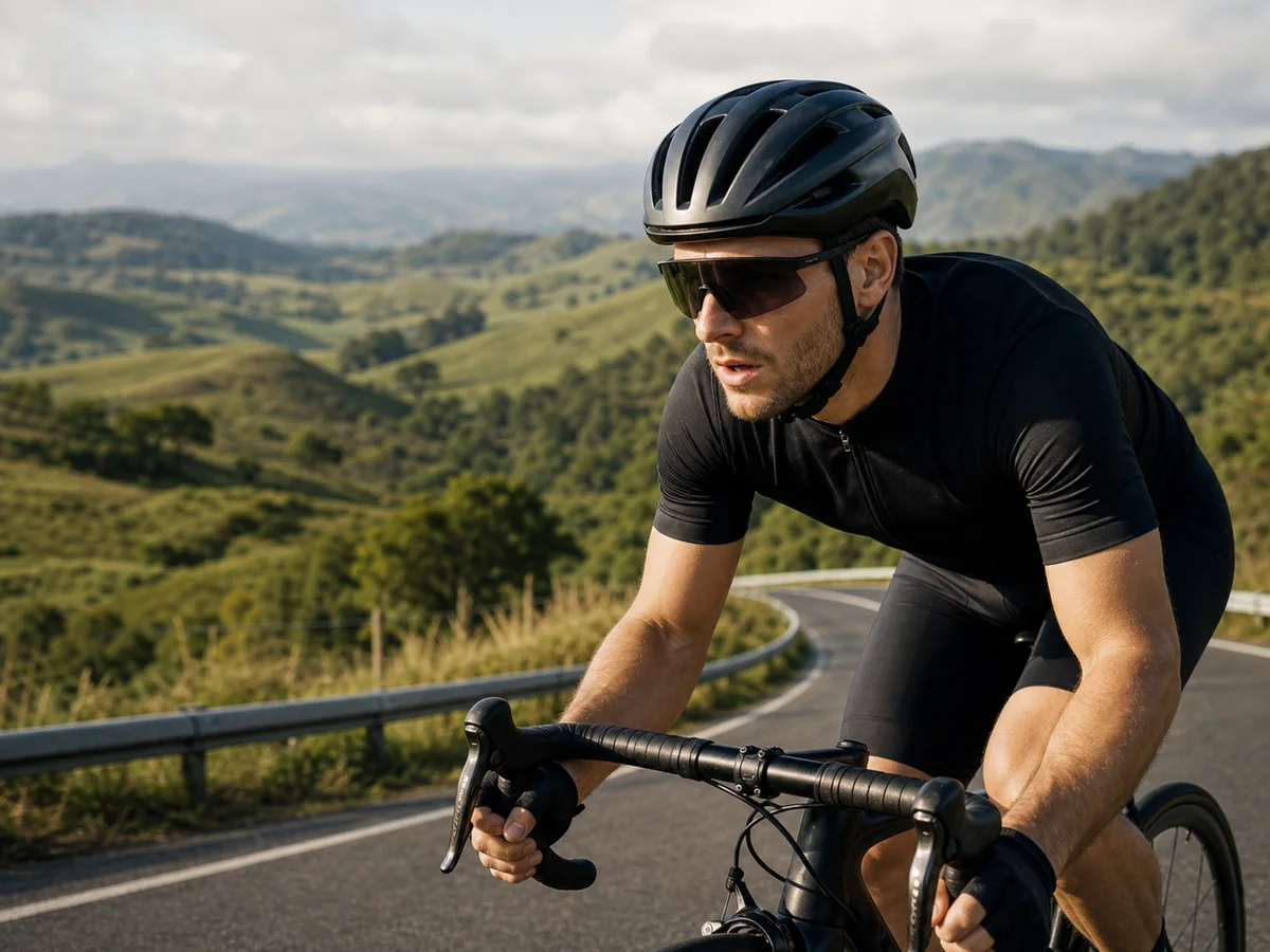 Cyclist wearing generic semi-rimless shield sunglasses on a fast open road - coverage-first eyewear | KnowOutdoor