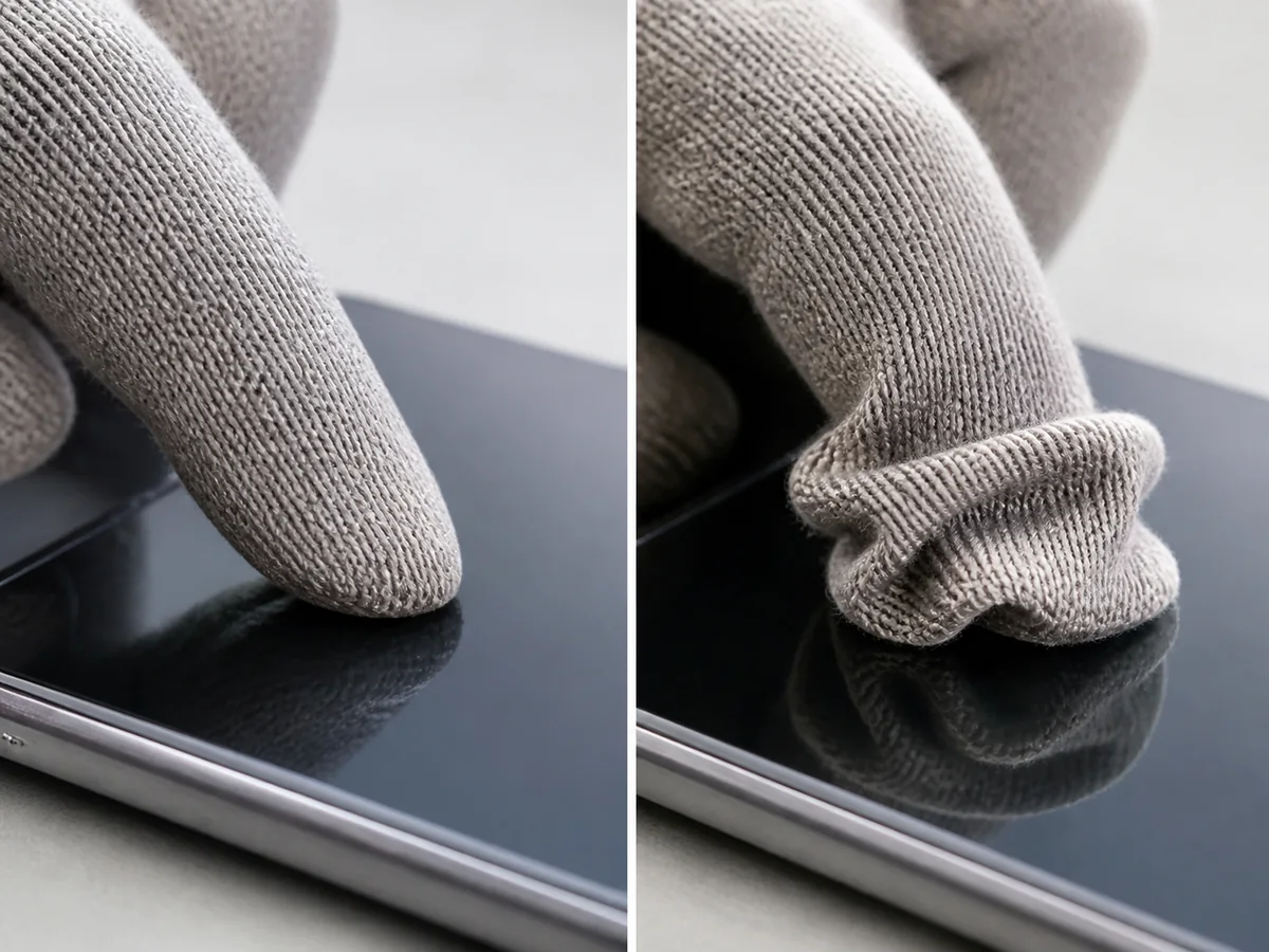 Close comparison of snug and loose generic knit glove fingertips touching a phone screen - touchscreen contact | KnowOutdoor