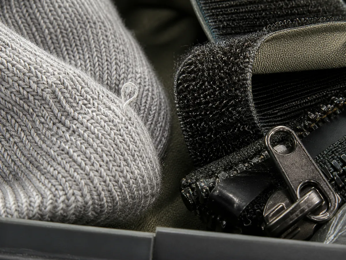 Macro view of generic knit glove kept away from rough hook-and-loop fastener - preventing fabric snags | KnowOutdoor