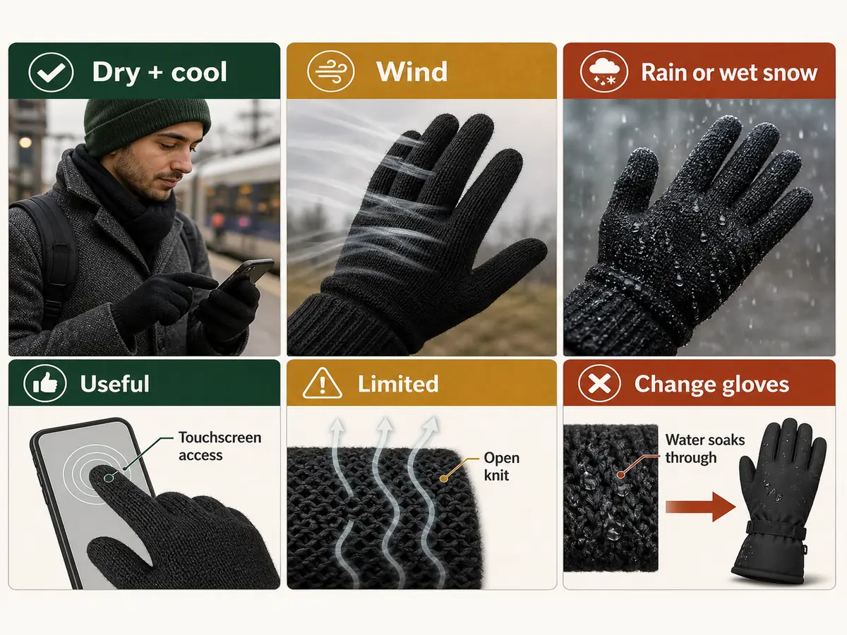 Three-condition matrix showing thin knit touchscreen gloves in dry cool weather, wind, and rain or wet snow - glove weather boundary | KnowOutdoor