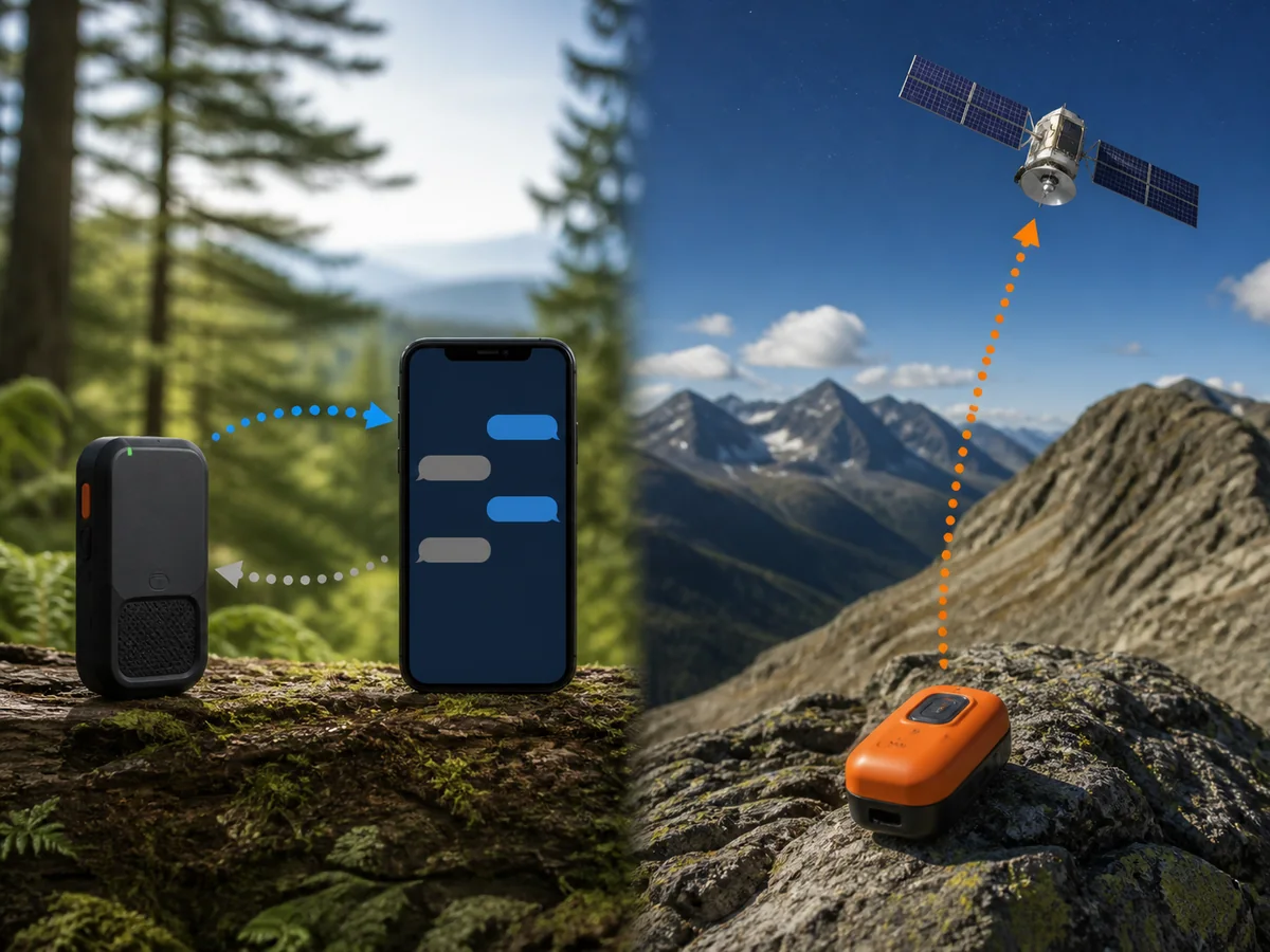 Generic phone-linked satellite communicator workflow beside a one-way emergency beacon workflow - device category comparison | KnowOutdoor