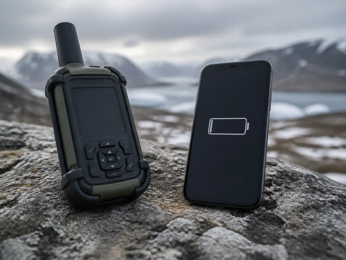 Generic satellite communicator with physical controls beside a phone with an empty battery - standalone function limit | KnowOutdoor