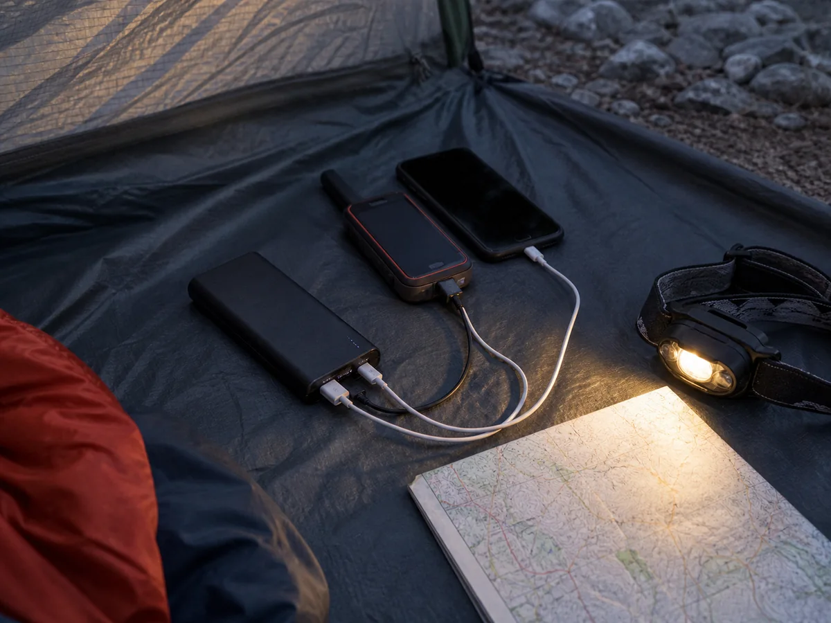 Generic satellite communicator, phone, charging cable, and battery bank arranged for a multi-day trip - power reserve planning | KnowOutdoor