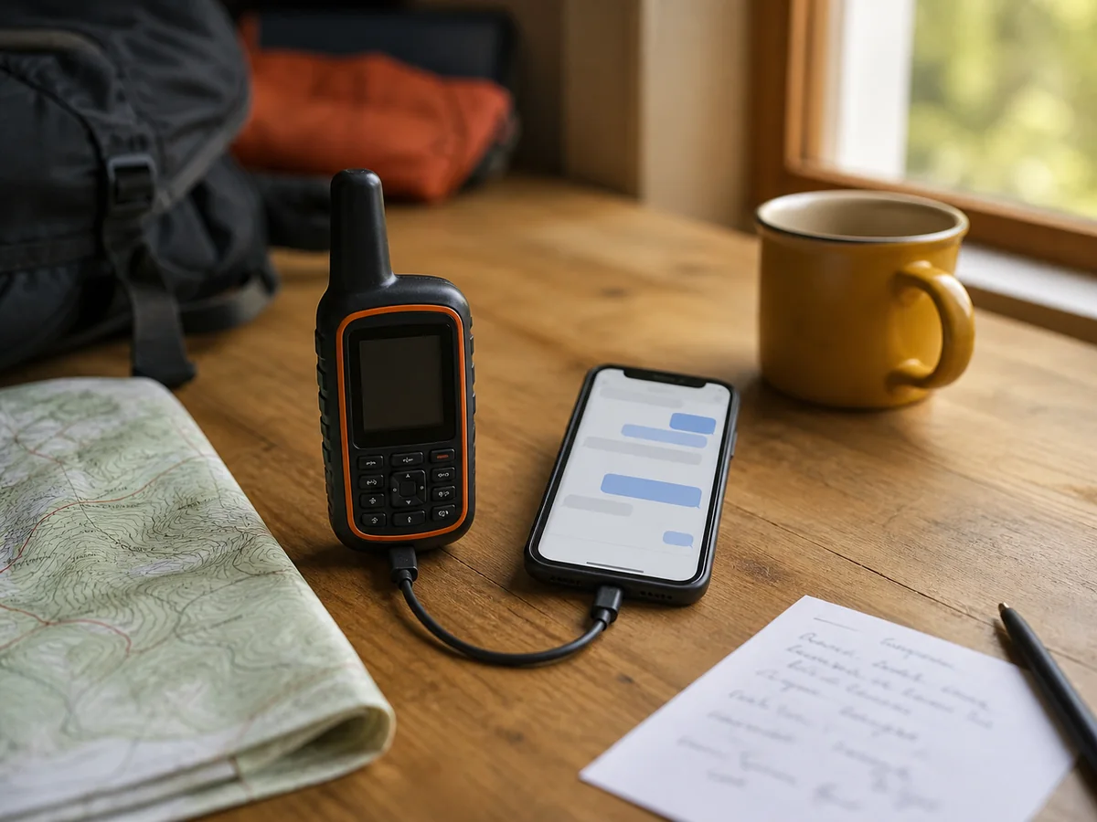 Kitchen-table preflight with generic satellite communicator, phone, charging cable, paper contacts, and map - pre-trip system test | KnowOutdoor