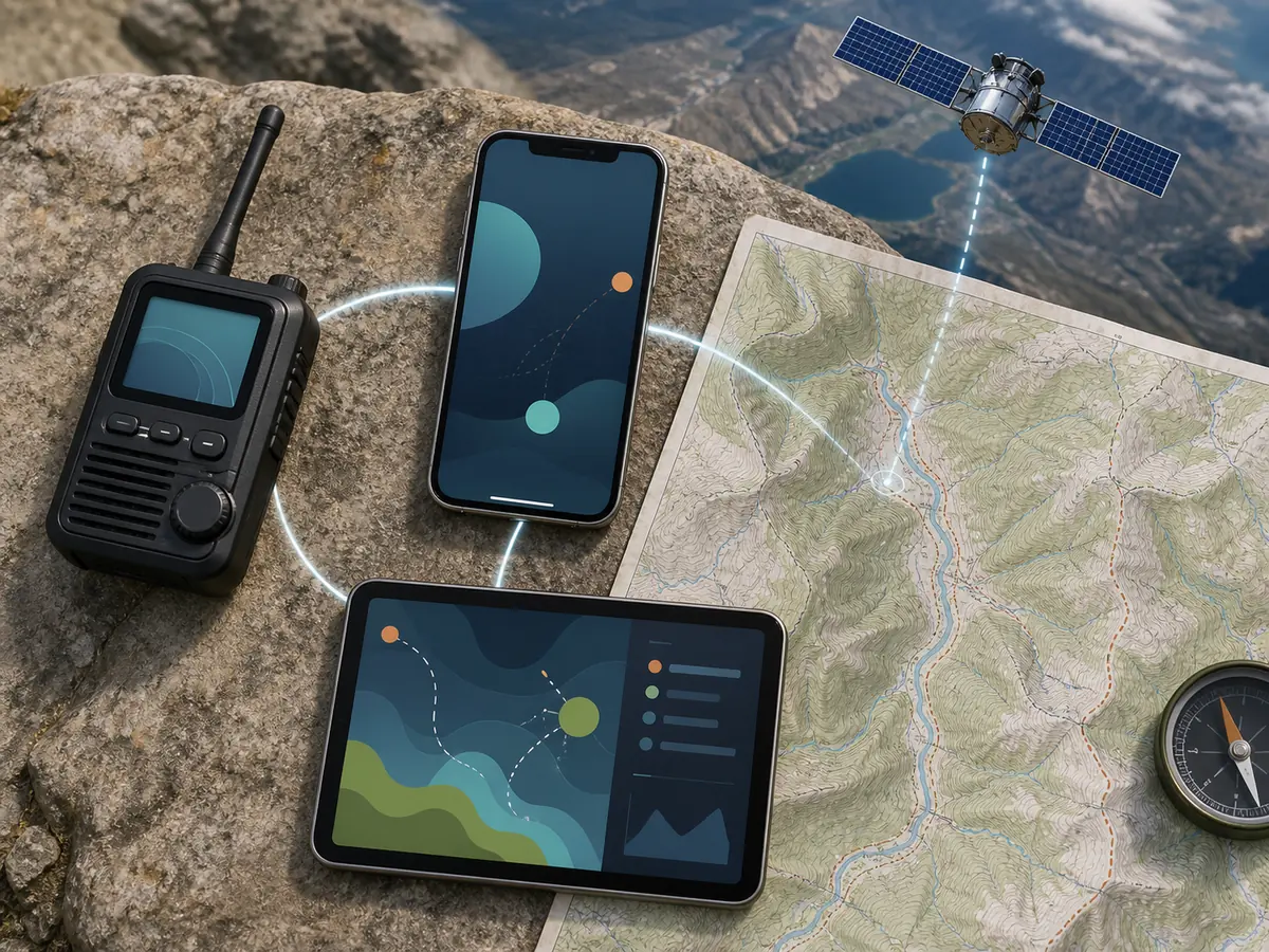 Generic satellite communicator, phone, app screen, and satellite shown as four connected system layers - communication dependencies | KnowOutdoor