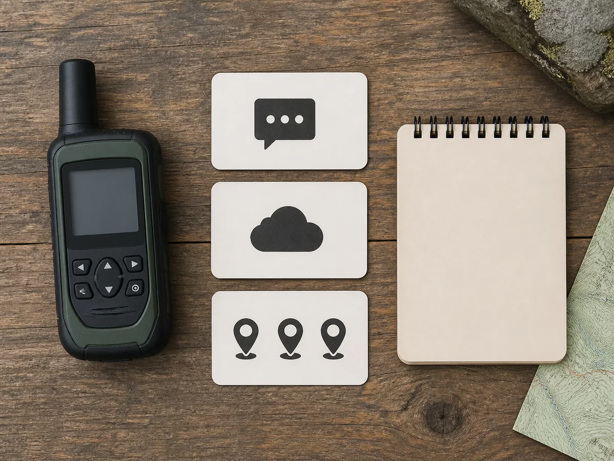 Generic trip ledger represented by message cards, weather symbol, and tracking points beside a satellite communicator - service usage planning | KnowOutdoor