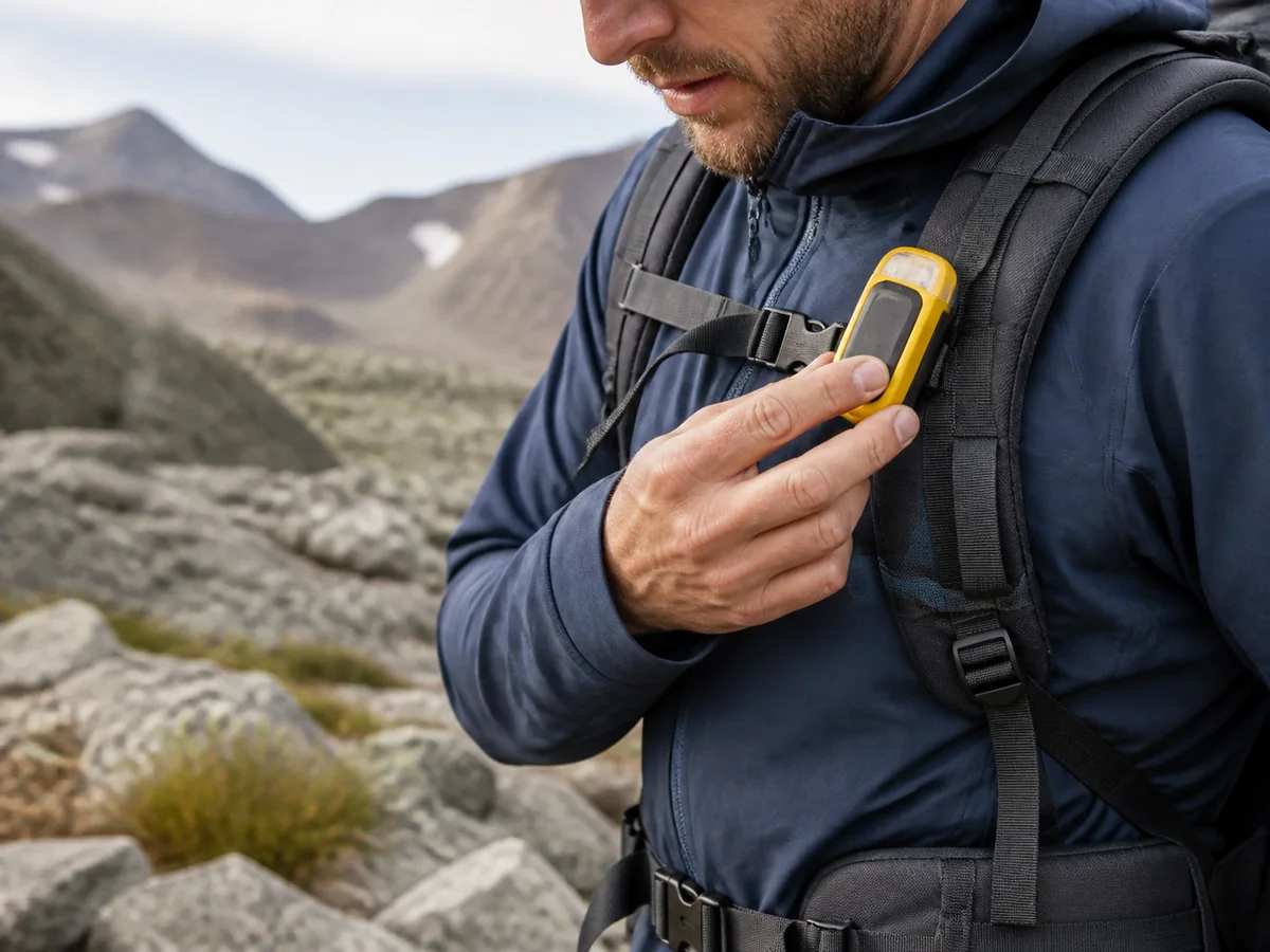 Hiker carrying a generic compact personal locator beacon high on a backpack strap in remote terrain - emergency beacon access | KnowOutdoor
