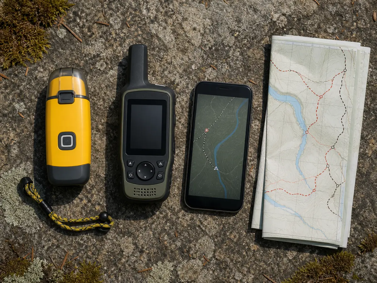 Generic PLB, phone-linked communicator, and paper trip plan arranged for separate emergency communication roles - device selection | KnowOutdoor