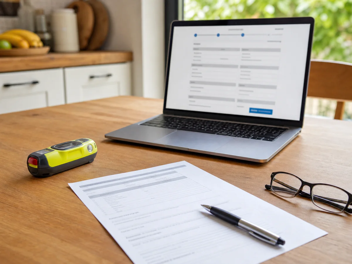Generic personal locator beacon beside a laptop and paper emergency-contact worksheet during registration - beacon preparation | KnowOutdoor