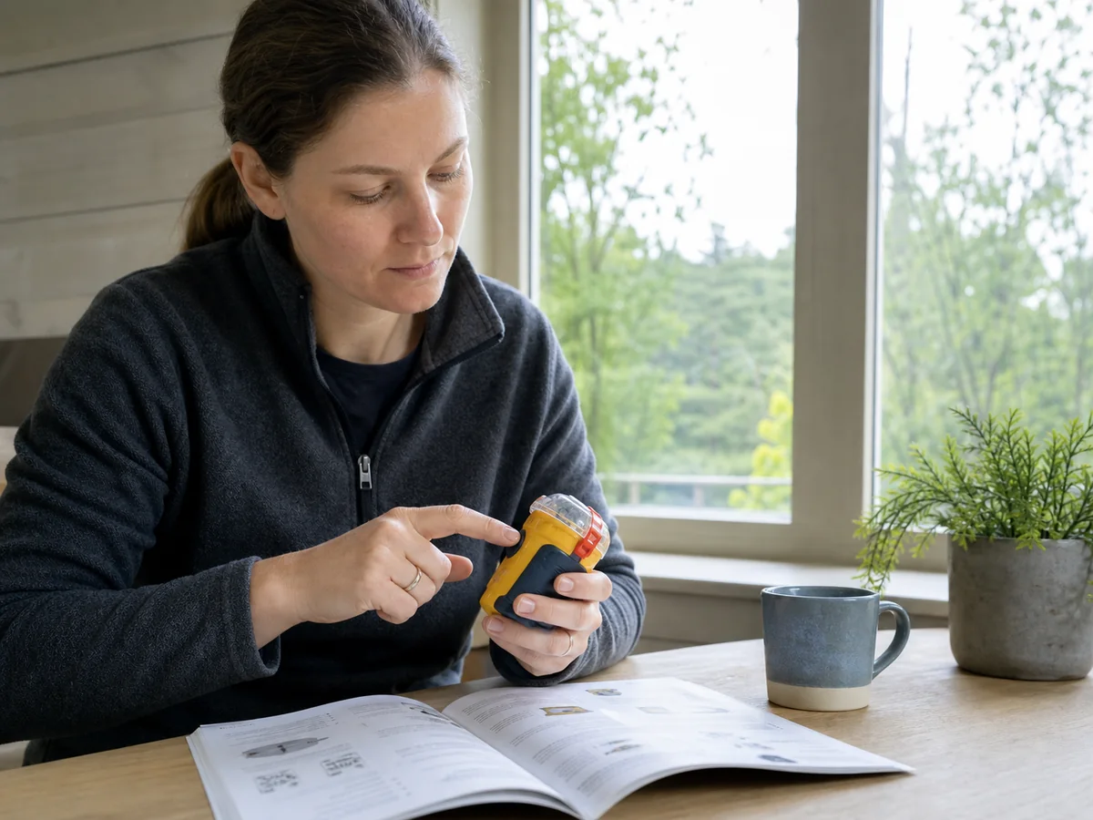 Person performing a safe self-test on a generic PLB beside an open manual without activating SOS - beacon readiness check | KnowOutdoor