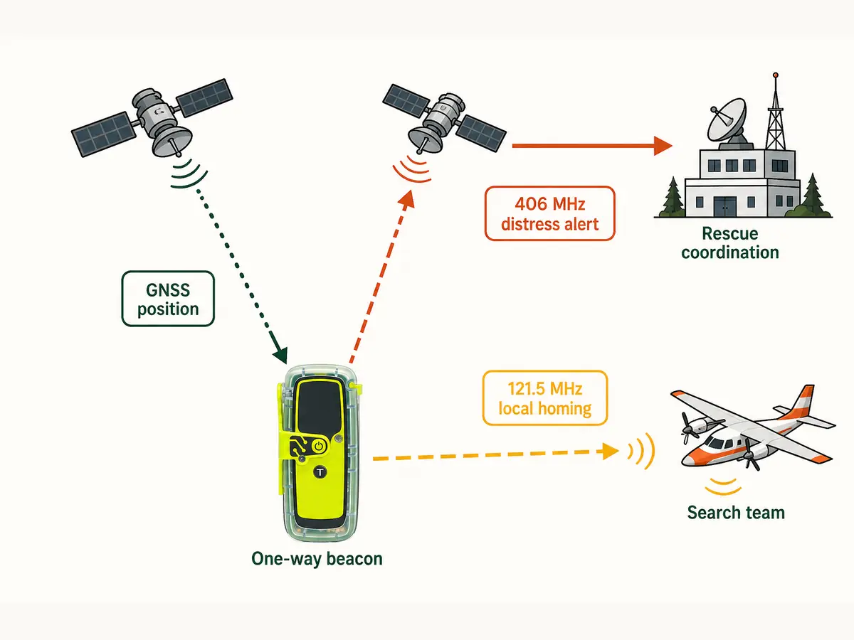 Technical diagram showing GNSS position feeding a one-way personal locator beacon, a 406 MHz distress alert reaching rescue coordination, and 121.5 MHz local homing guiding a search aircraft | KnowOutdoor