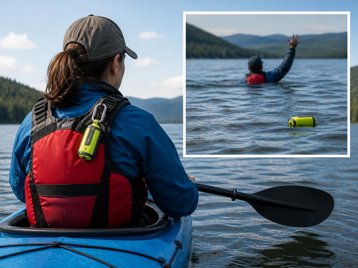Generic buoyant PLB secured high on a life jacket above water beside a loose floating device - water carry decision | KnowOutdoor
