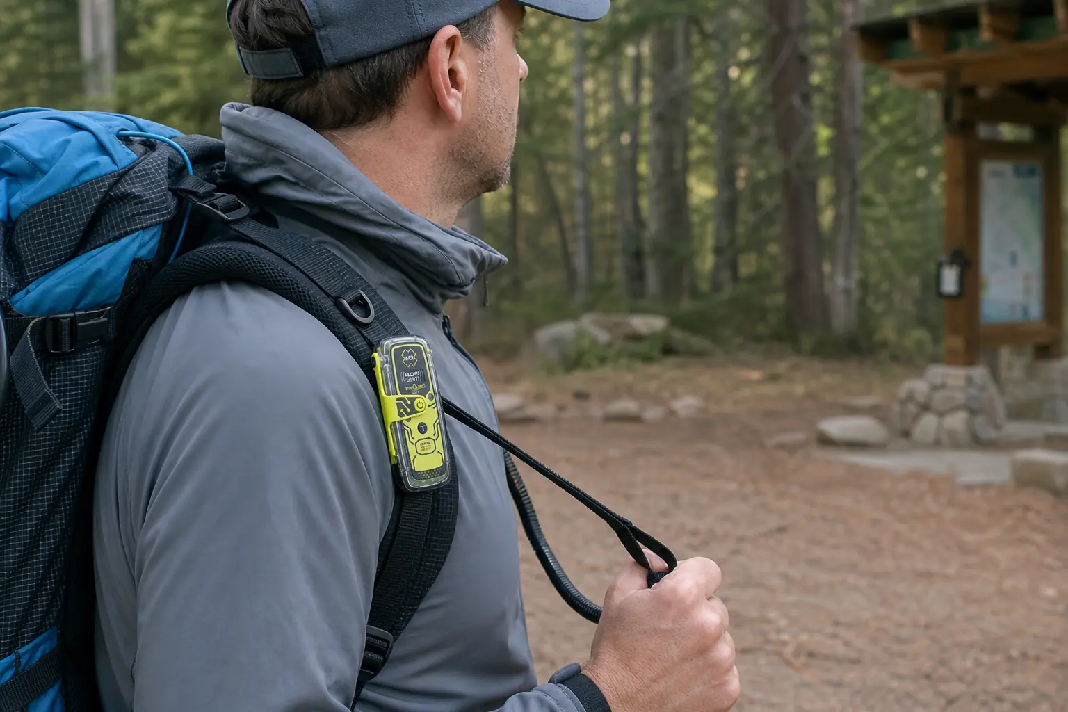 ResQLink View clipped high and tethered on a backpack shoulder strap at a wooded trailhead | KnowOutdoor