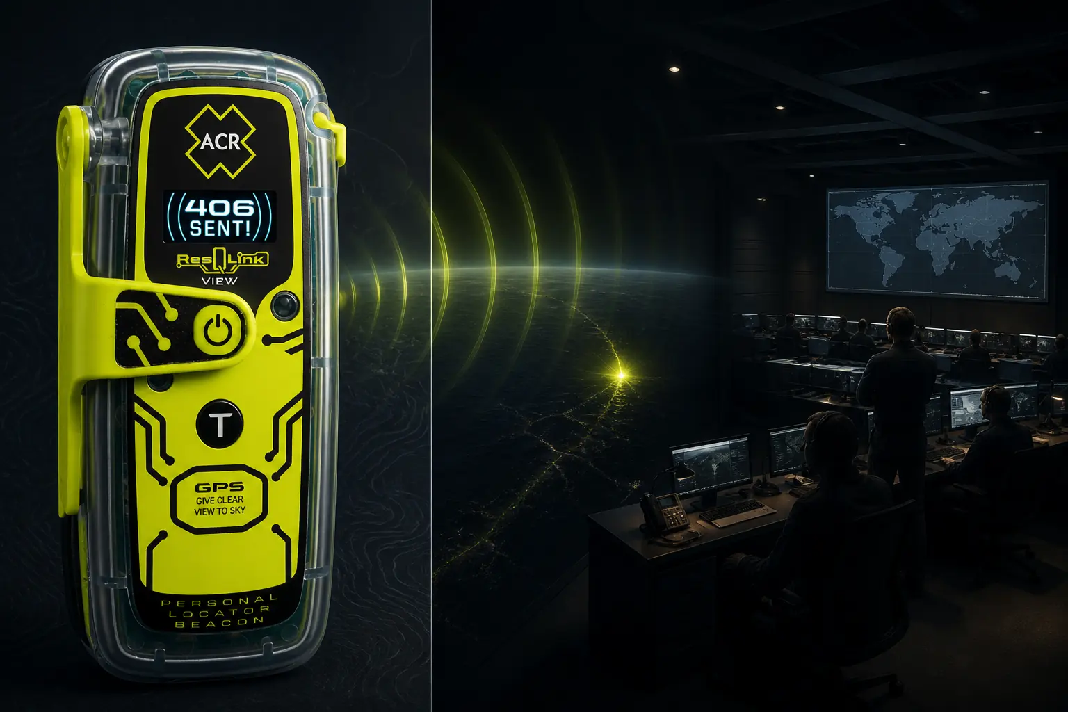 ResQLink View screen contrasted with a distant rescue coordination room to show local status and one-way communication | KnowOutdoor