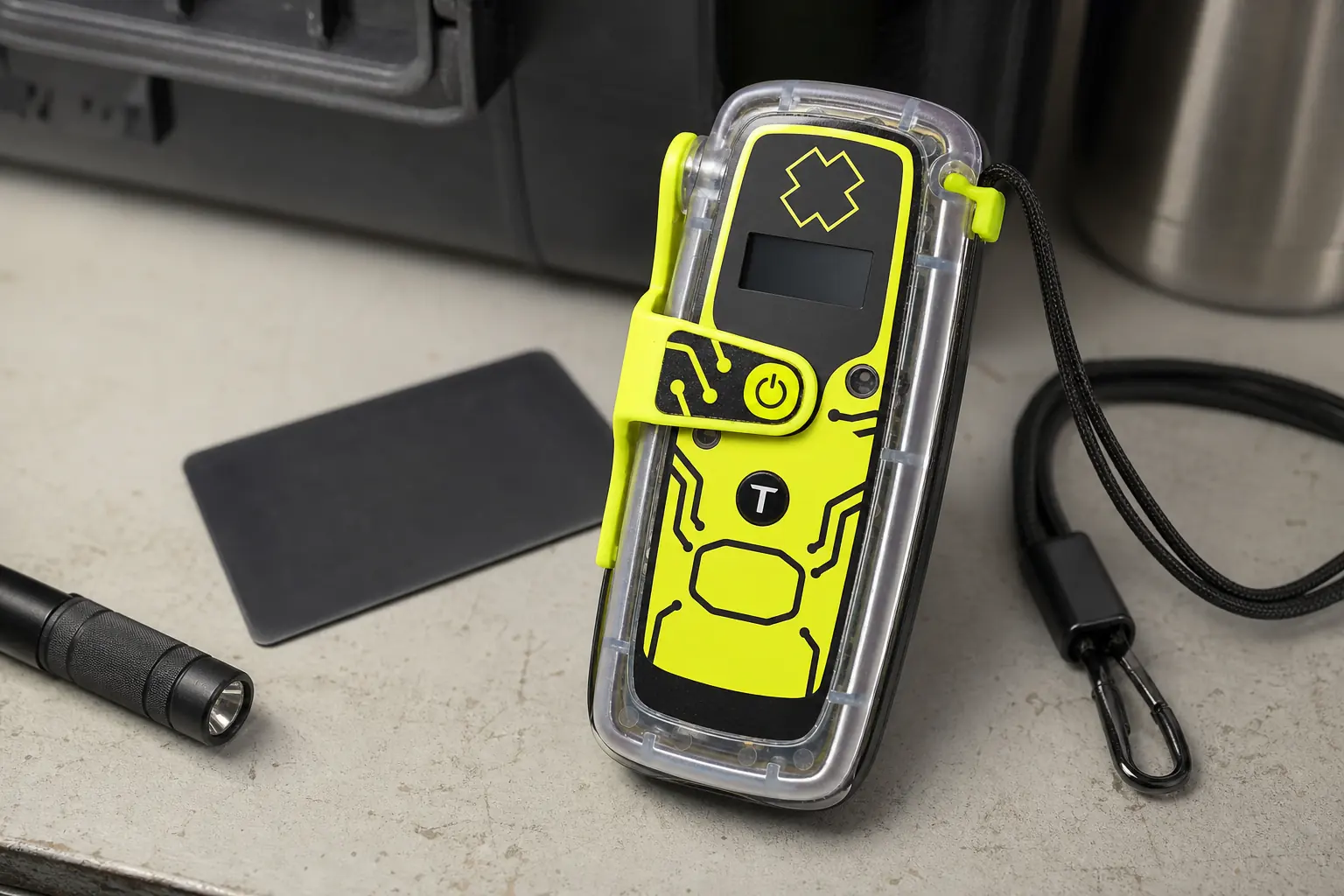 ACR ResQLink View beacon with folded antenna tether and inspection light on a field workbench | KnowOutdoor