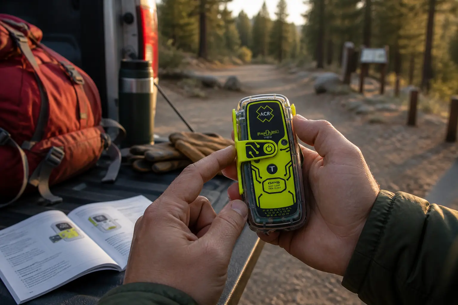 Hands inspecting a ResQLink View antenna tether and manual on a trailhead tailgate | KnowOutdoor