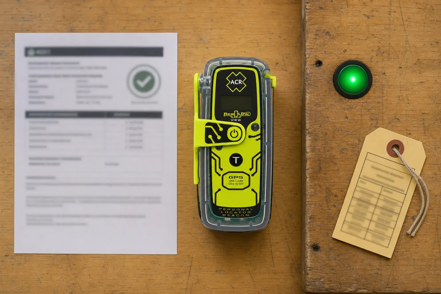 ResQLink View beside registration confirmation self-test status and a service-date tag | KnowOutdoor