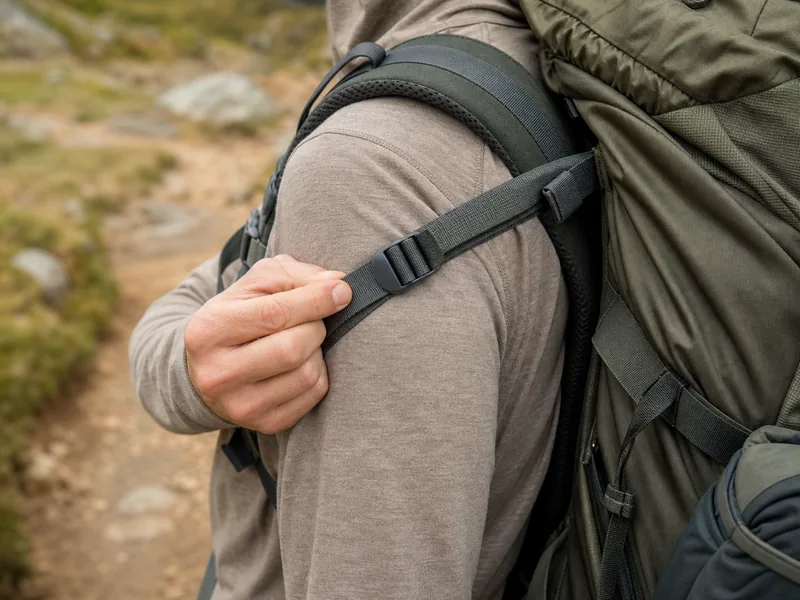 Checking backpack shoulder straps and load lifters on trail