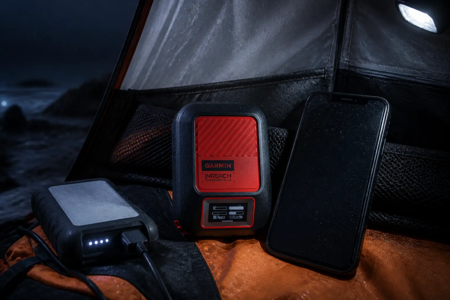 Messenger Plus active beside a dark phone and protected power bank in a wet tent vestibule | KnowOutdoor