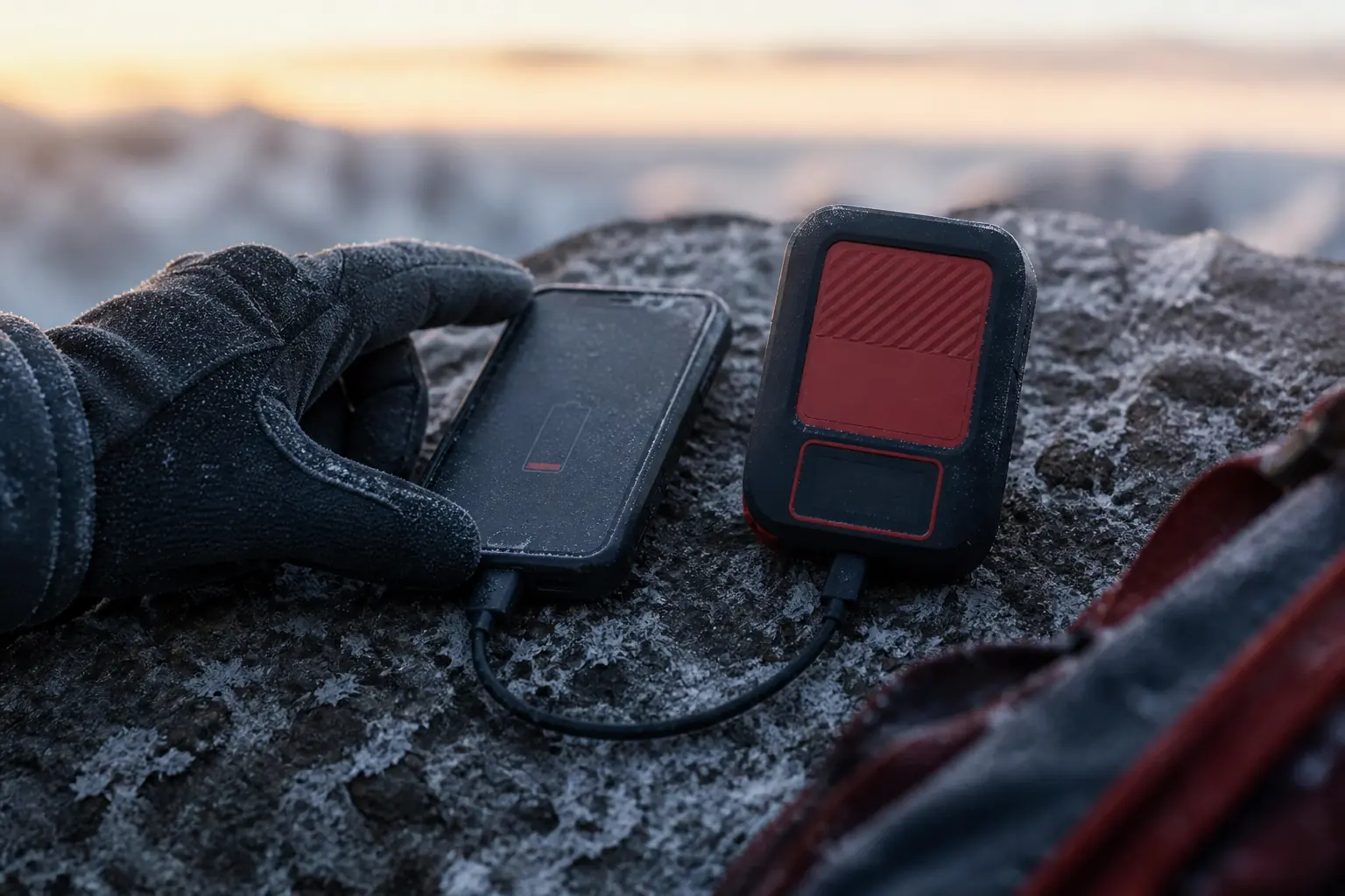 Messenger Plus connected by a short cable to a nearly empty phone on a frosty rock ledge | KnowOutdoor