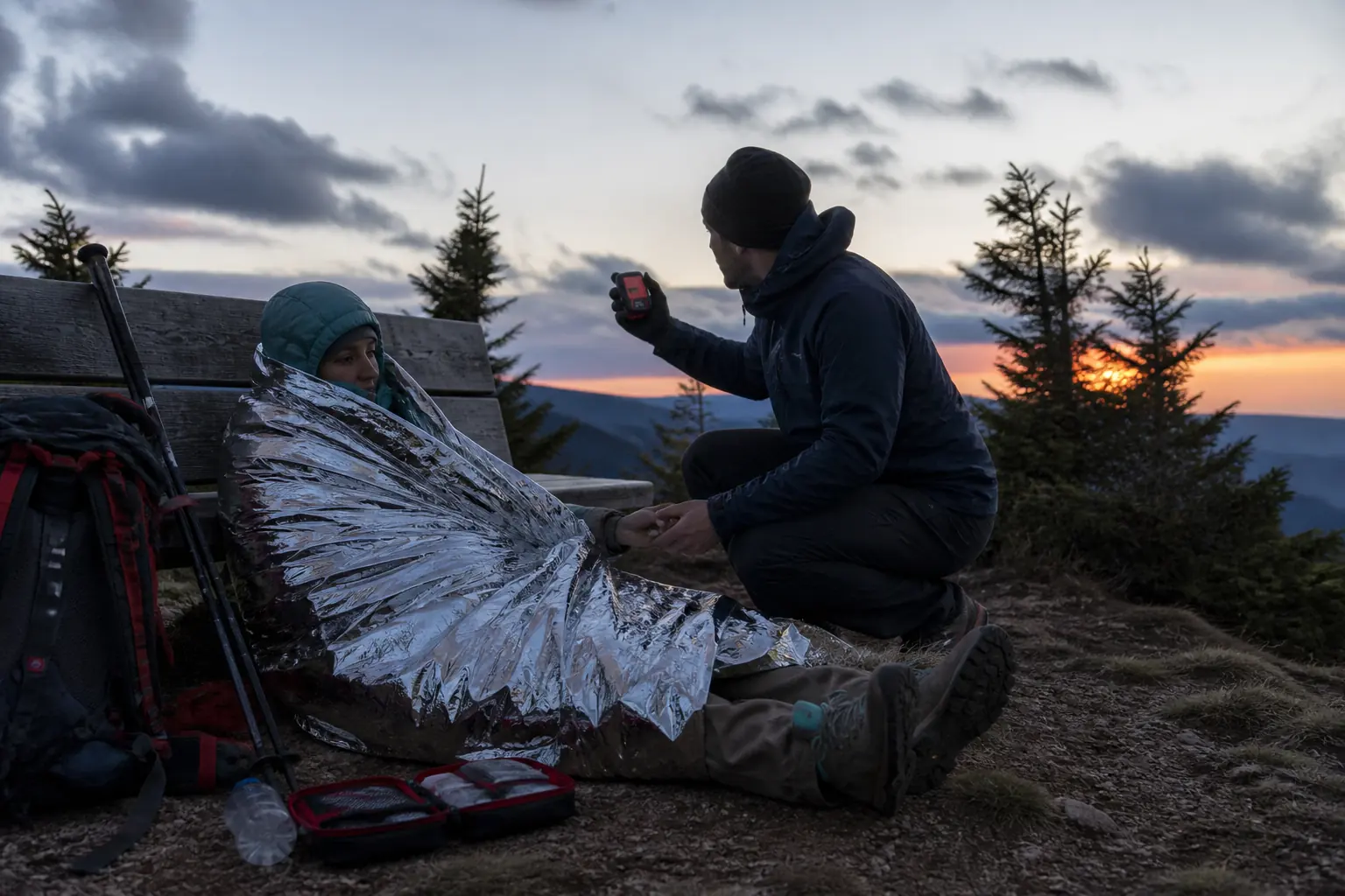 Companion positions a Messenger Plus while insulating and caring for an injured hiker at treeline | KnowOutdoor