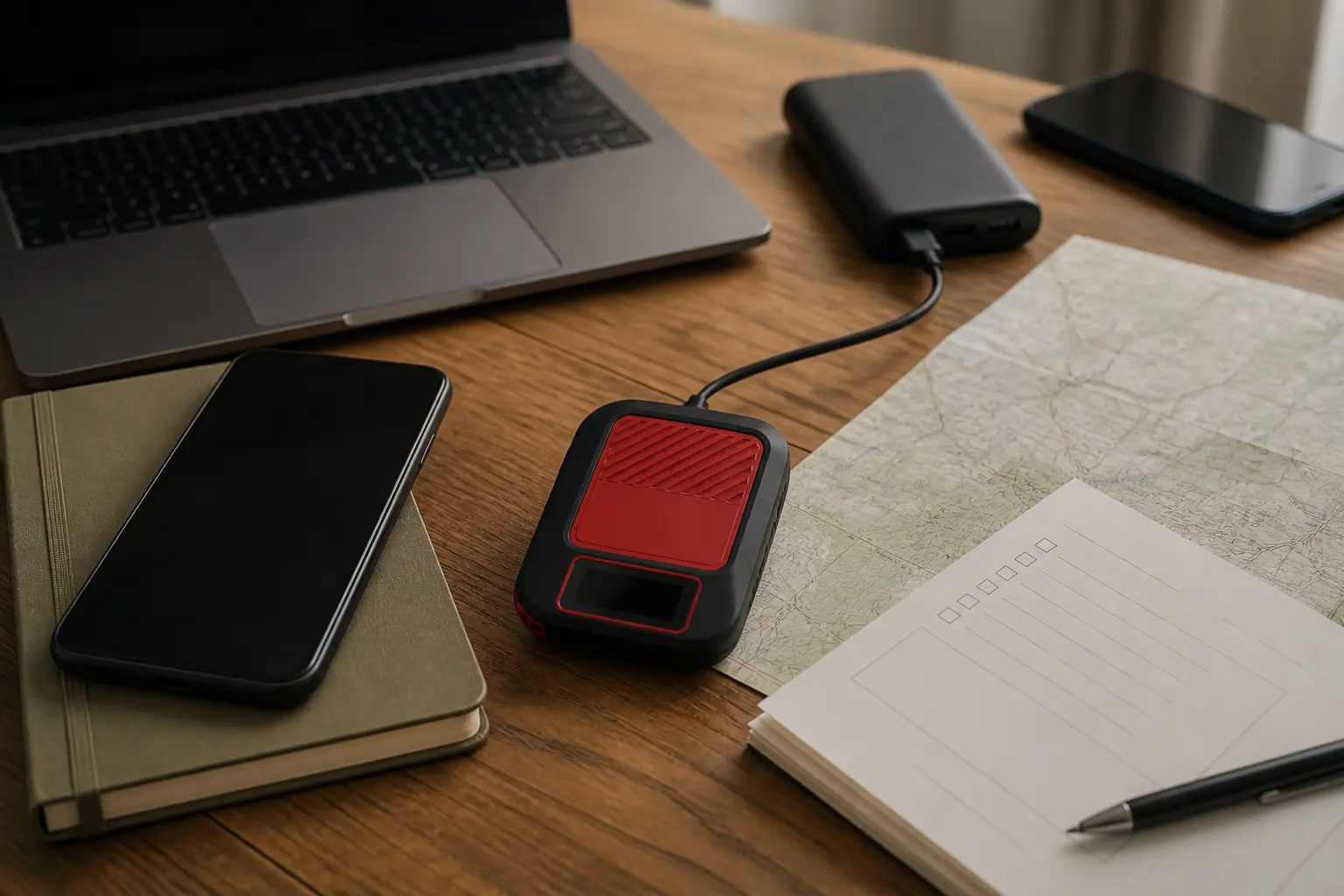 Garmin inReach Messenger Plus with paired phone power reserve itinerary and recipient phone on a planning table | KnowOutdoor