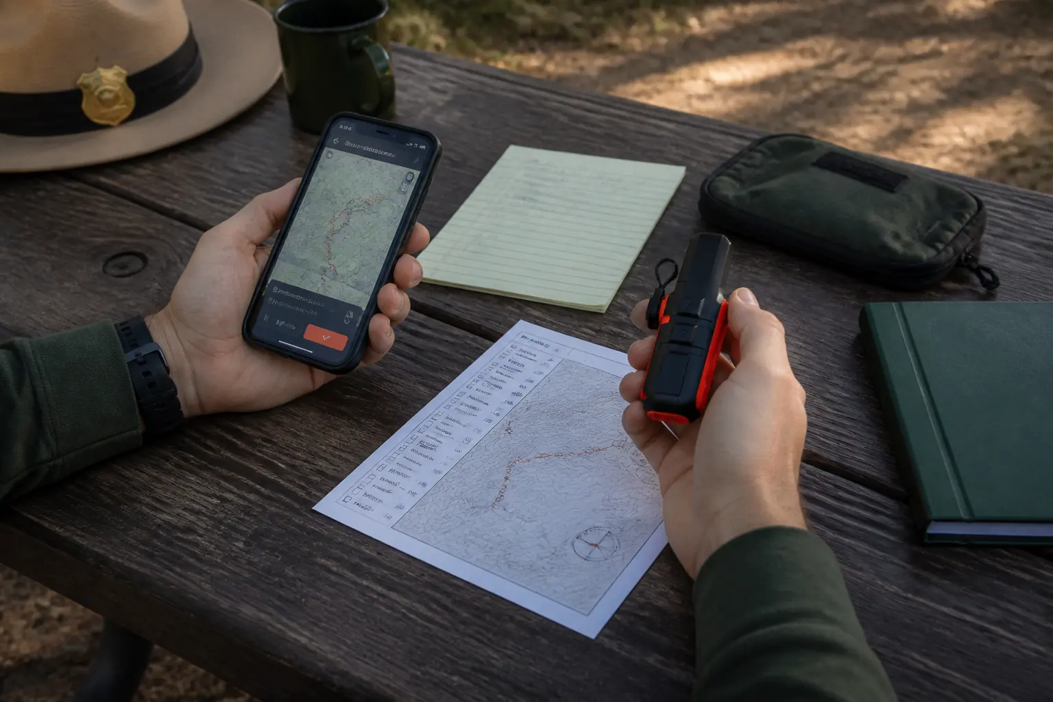 Hands verify inReach Mini 2 phone route itinerary and trusted-contact reply at a ranger-station table | KnowOutdoor