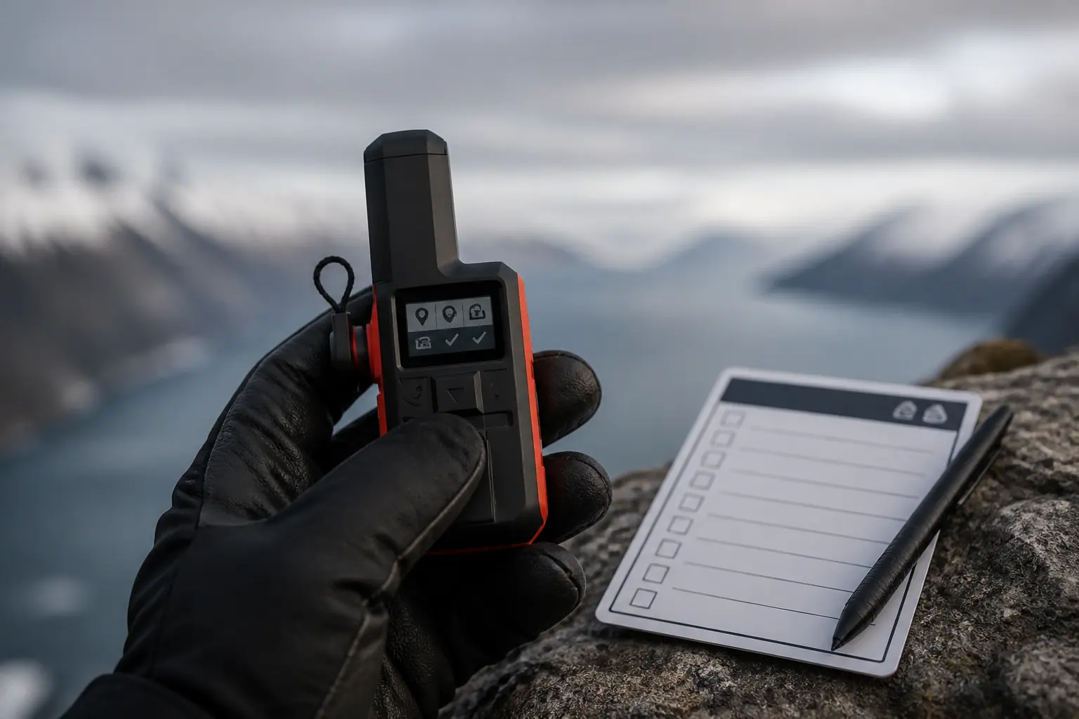 Gloved hand uses inReach Mini 2 buttons beside a prepared check-in card on a cold overlook | KnowOutdoor