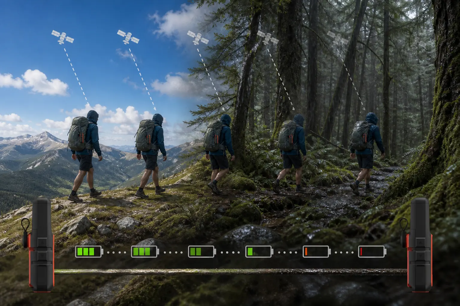Backpacker carries an inReach Mini 2 from an open ridge into dense wet forest as power reserve declines | KnowOutdoor