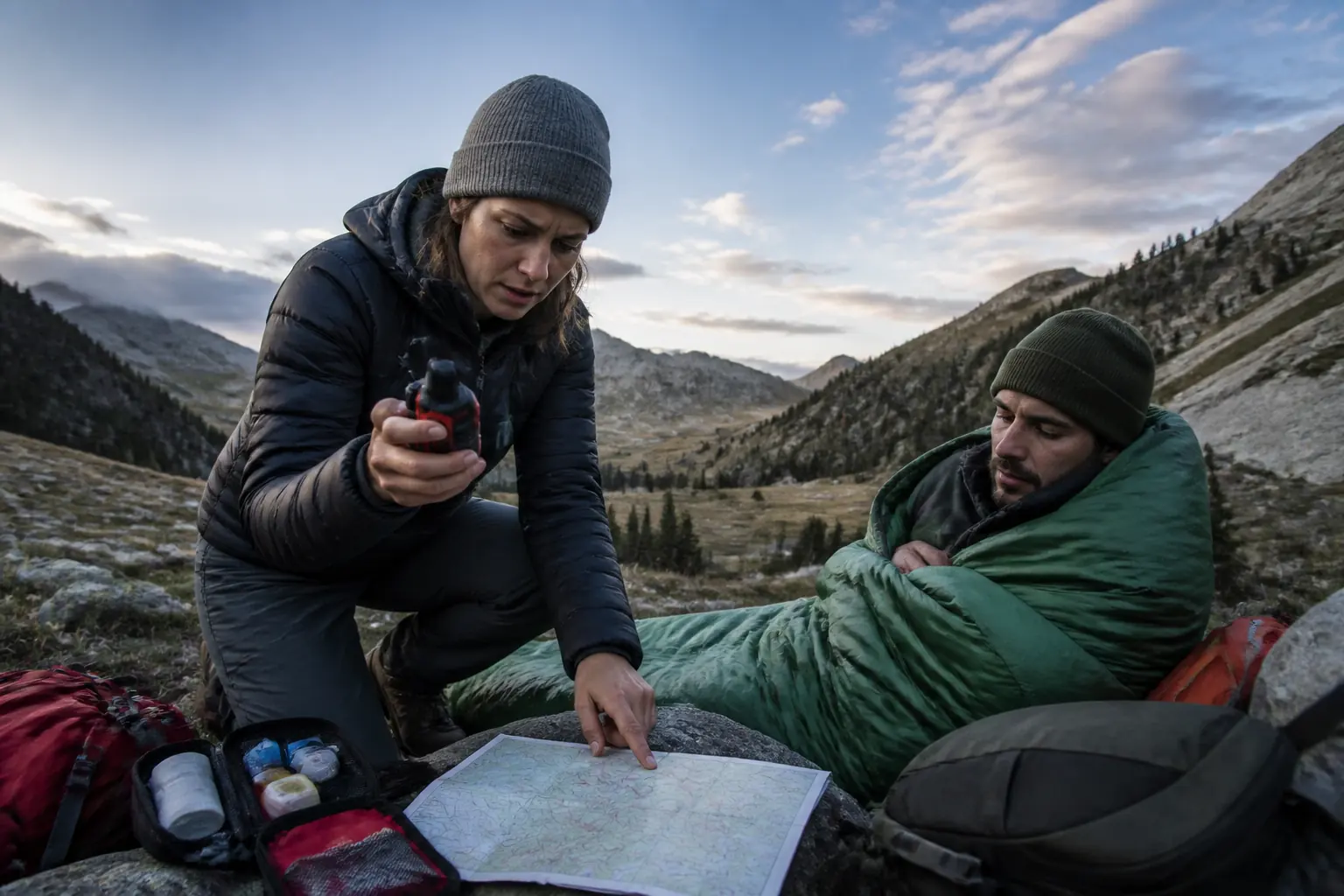 Companion uses an inReach Mini 2 while sheltering an injured hiker and marking location on a map | KnowOutdoor