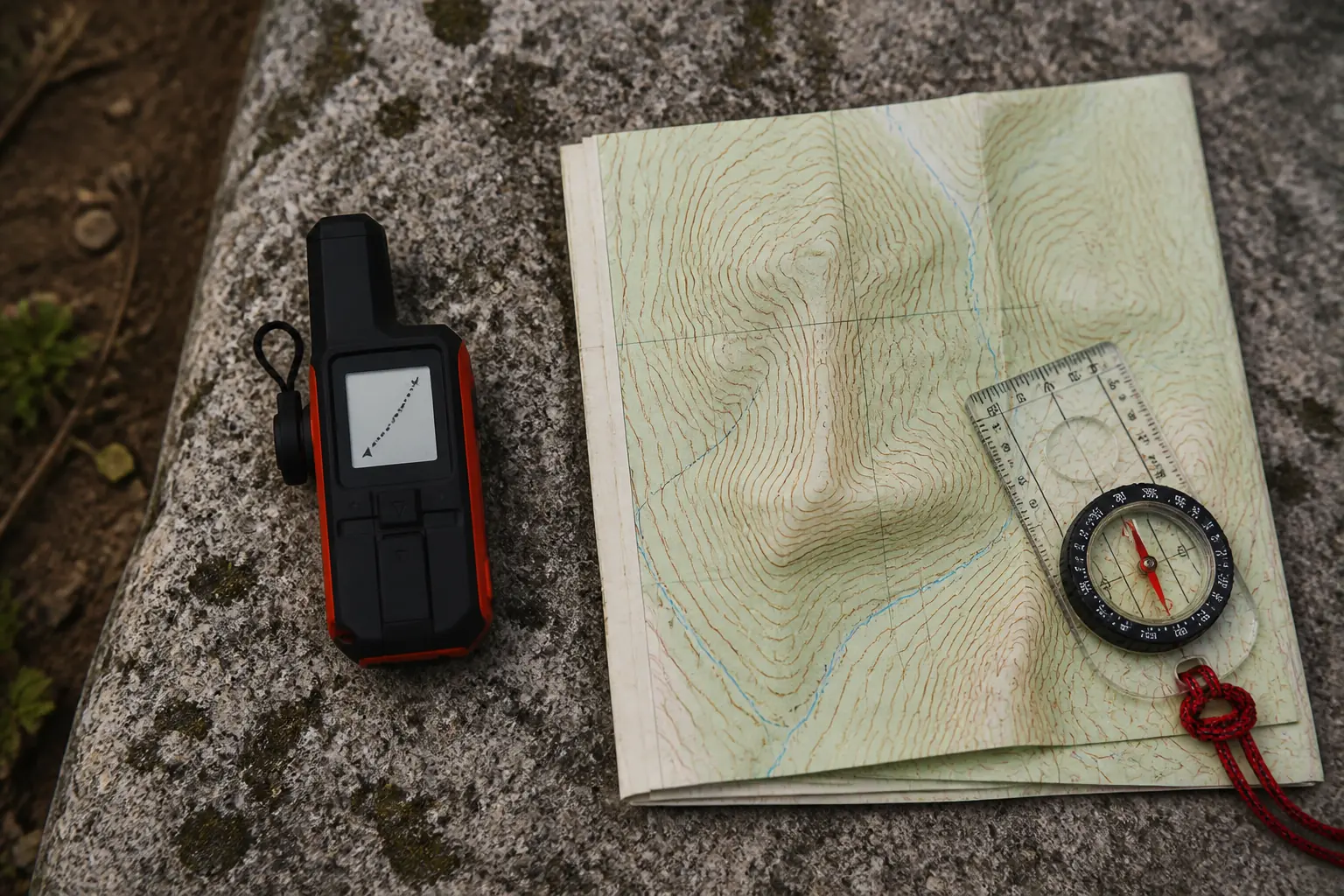 inReach Mini 2 breadcrumb display beside a topographic map and baseplate compass on granite | KnowOutdoor