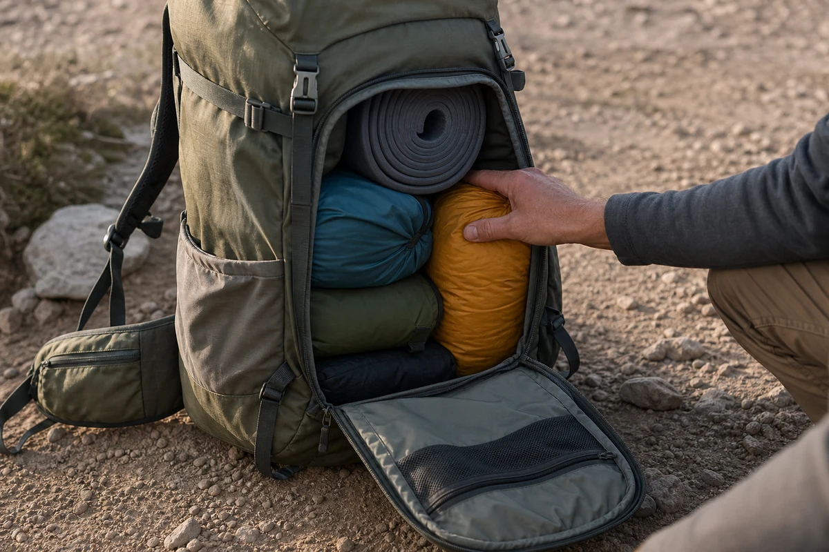 Backpacking pack opened by a front panel zip showing gear packed inside on a trail - Backpack access and pocket layout | KnowOutdoor