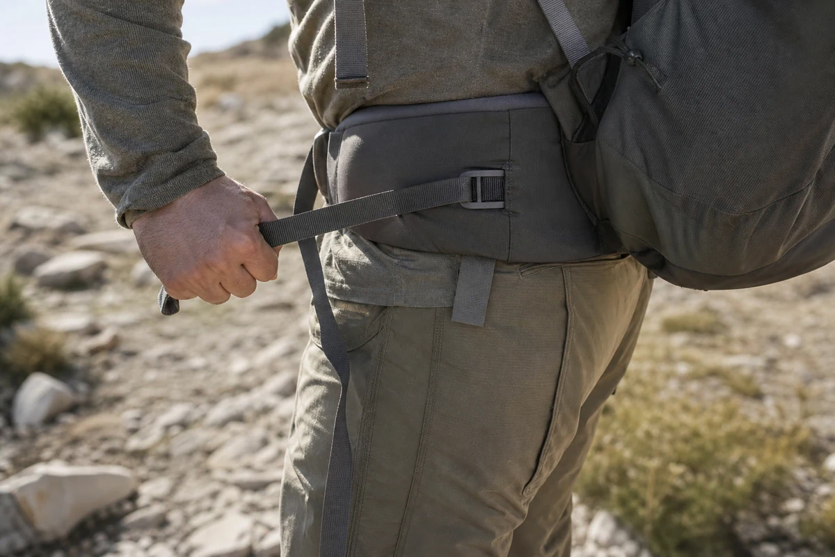 Close view of a loaded backpack hip belt wrapped over a hiker's hip bones on a trail - Hip belt carrying load on the hips | KnowOutdoor