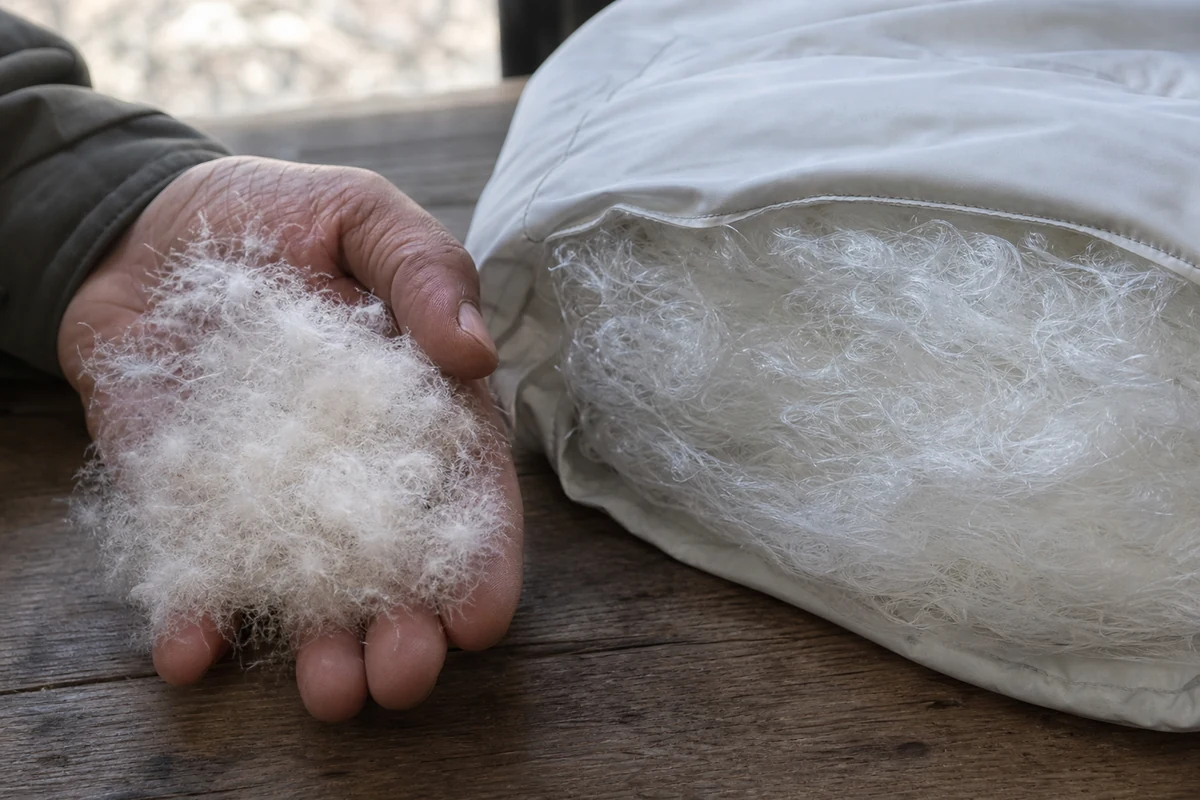 A hand holding lofted down clusters beside a section of synthetic sleeping bag insulation - Down versus synthetic sleeping bag fill | KnowOutdoor